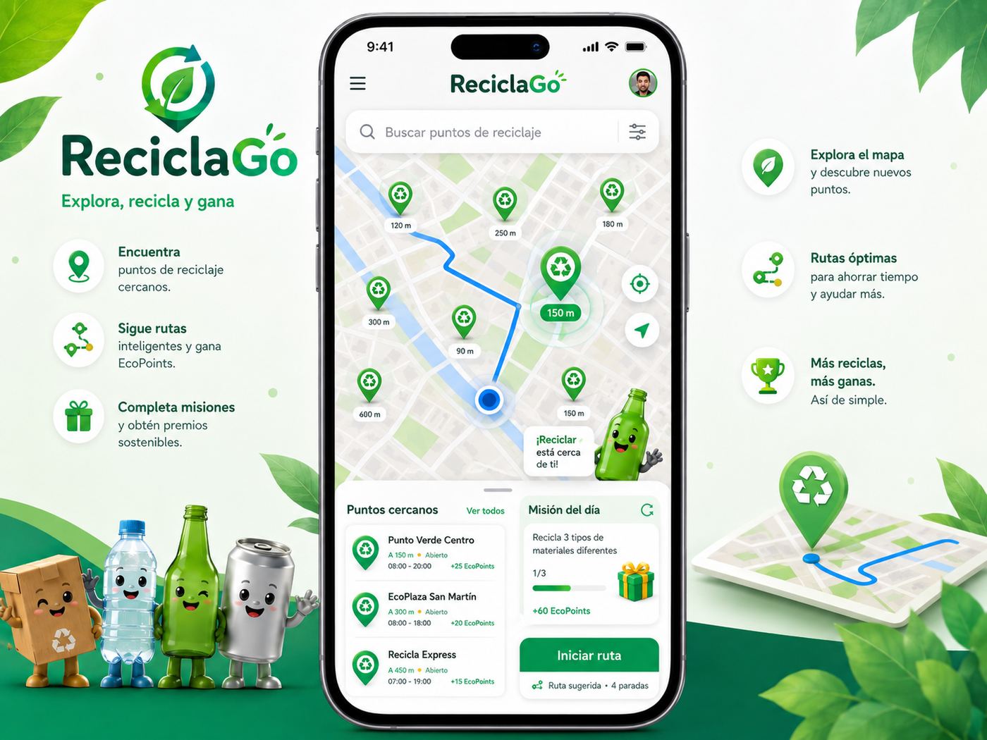 Mapa ReciclaGo con la ruta al EcoSpot