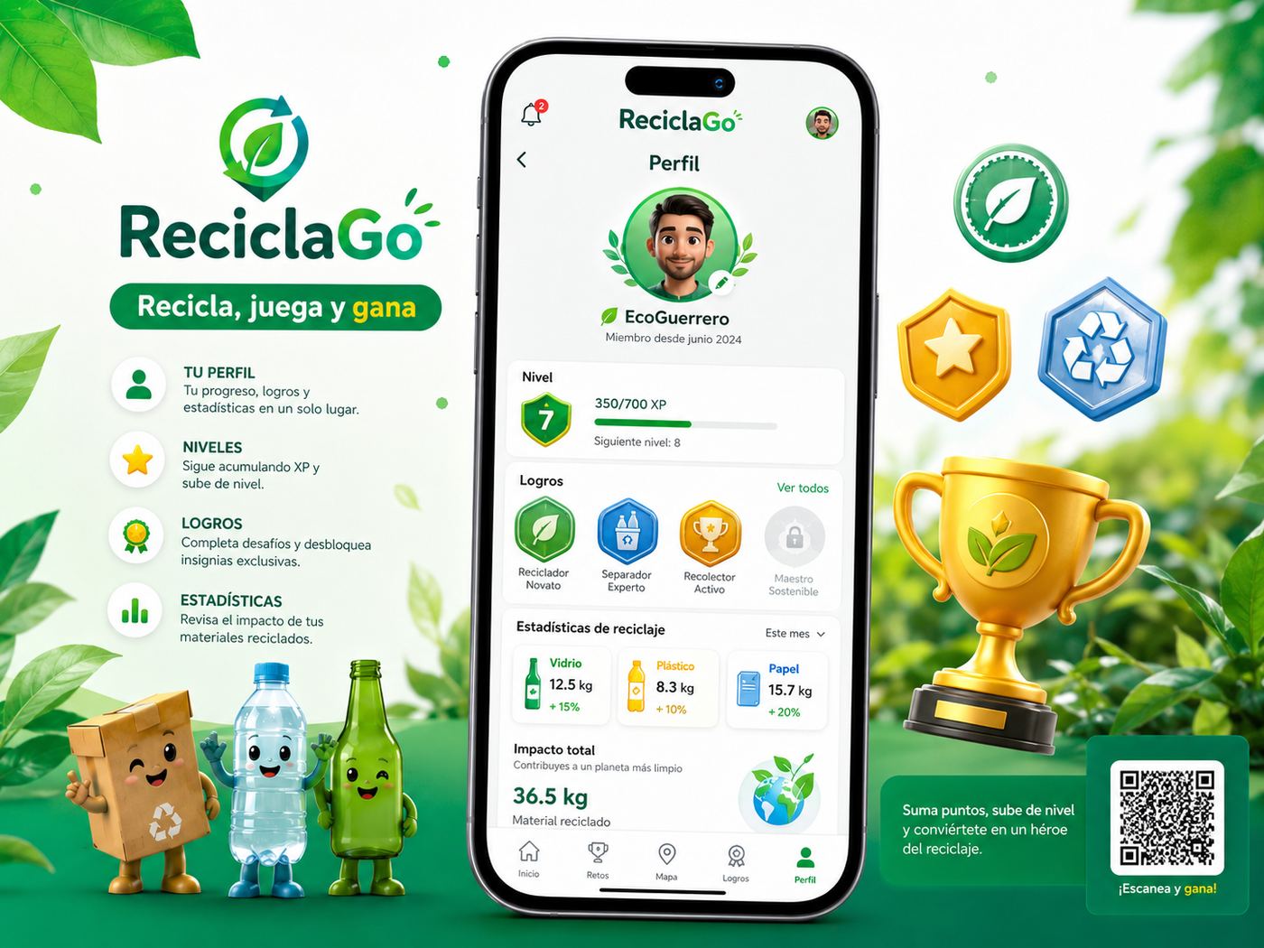 Perfil ReciclaGo con niveles, logros y estadísticas