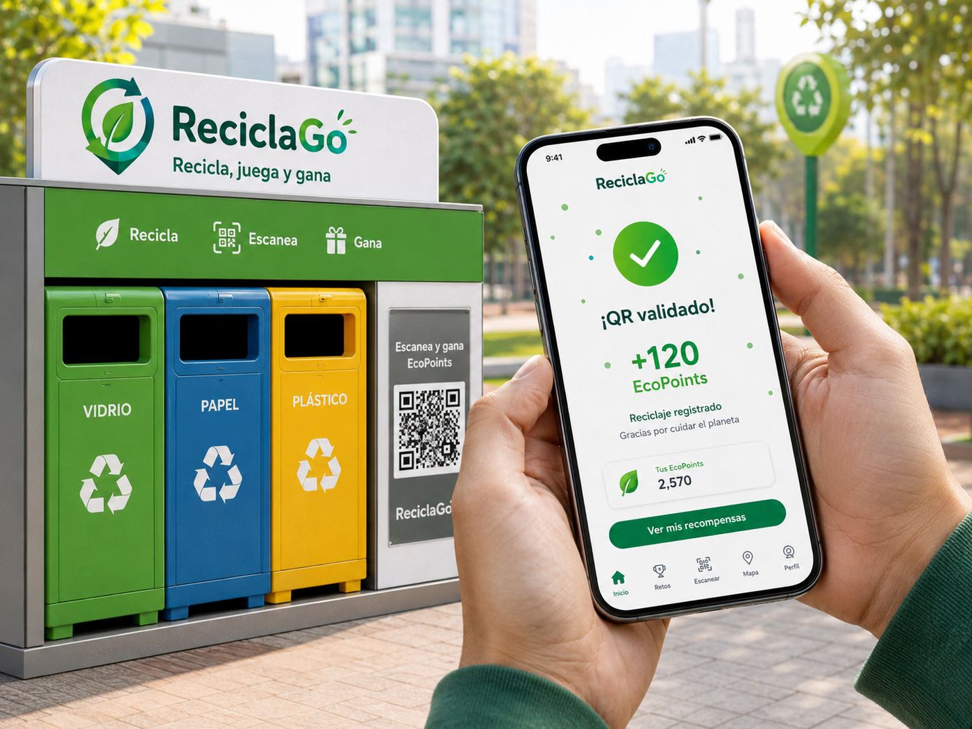 EcoSpot ReciclaGo: estación con QR para validar el reciclaje en la app