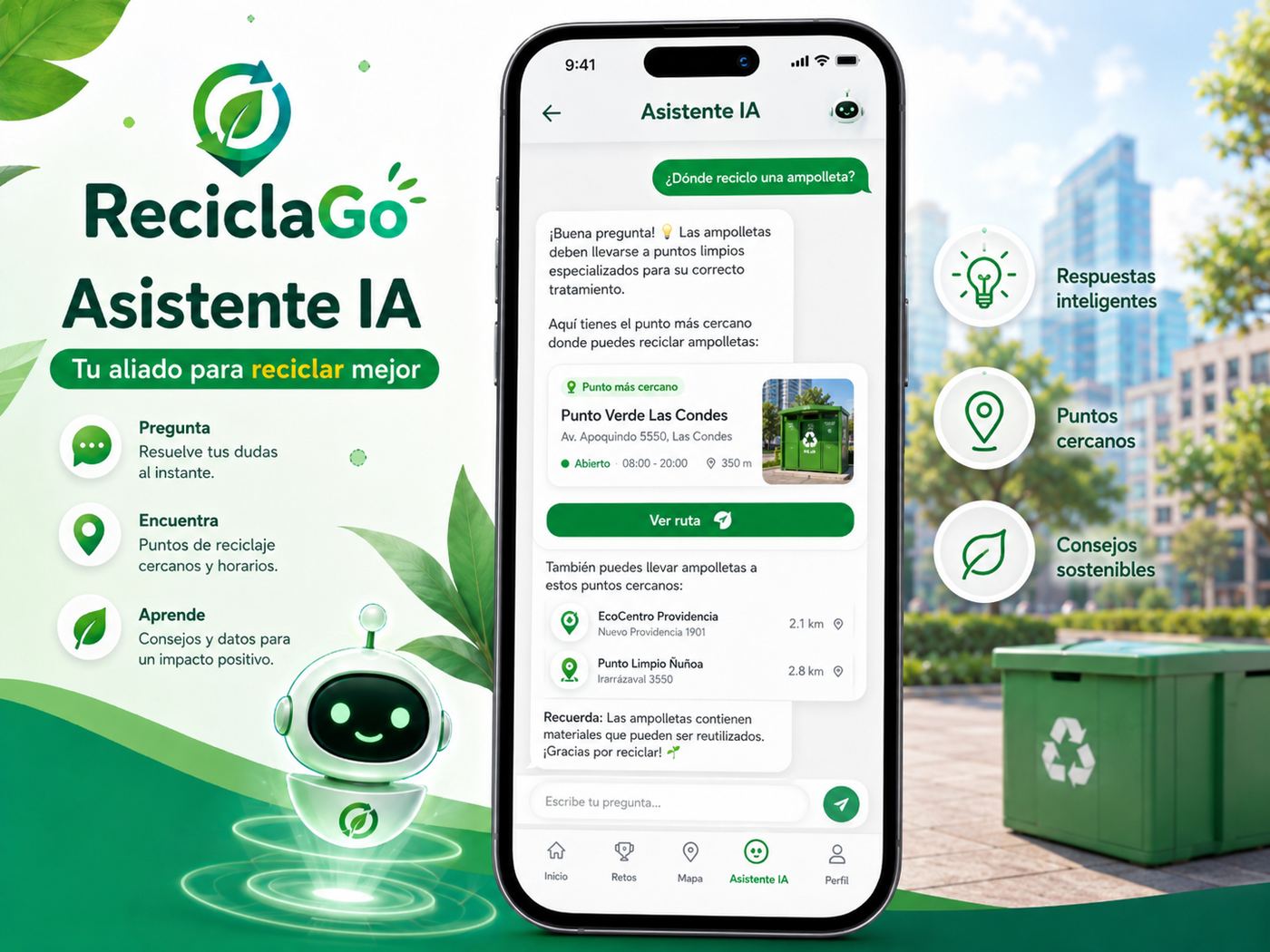 Asistente de ReciclaGo respondiendo dónde reciclar