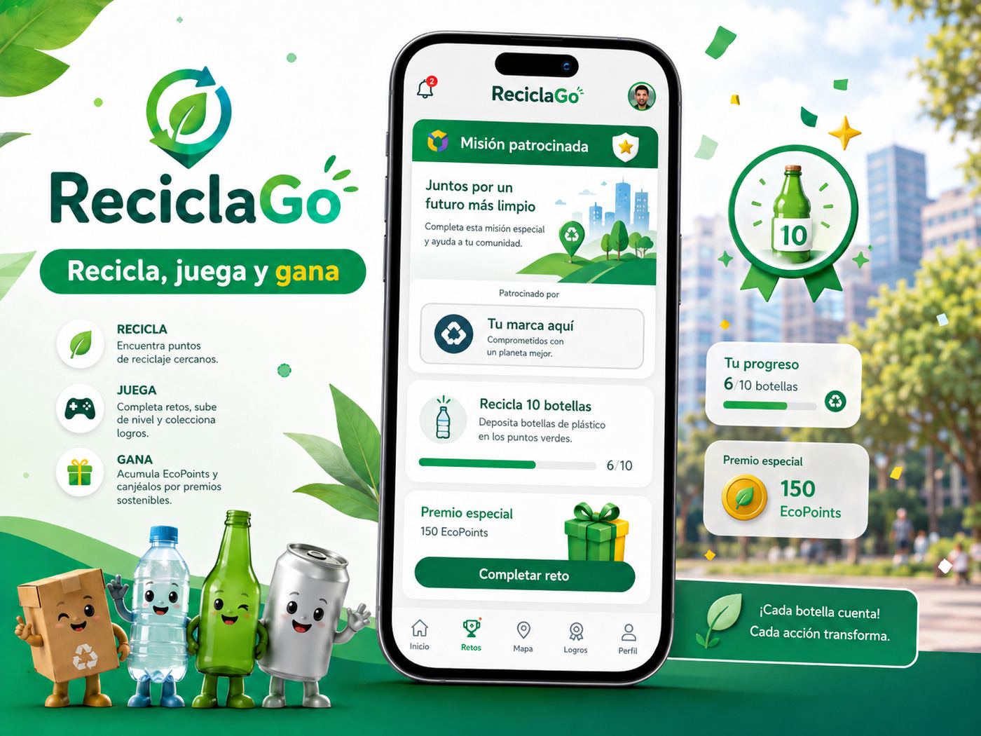 Pantalla de misiones y retos en ReciclaGo