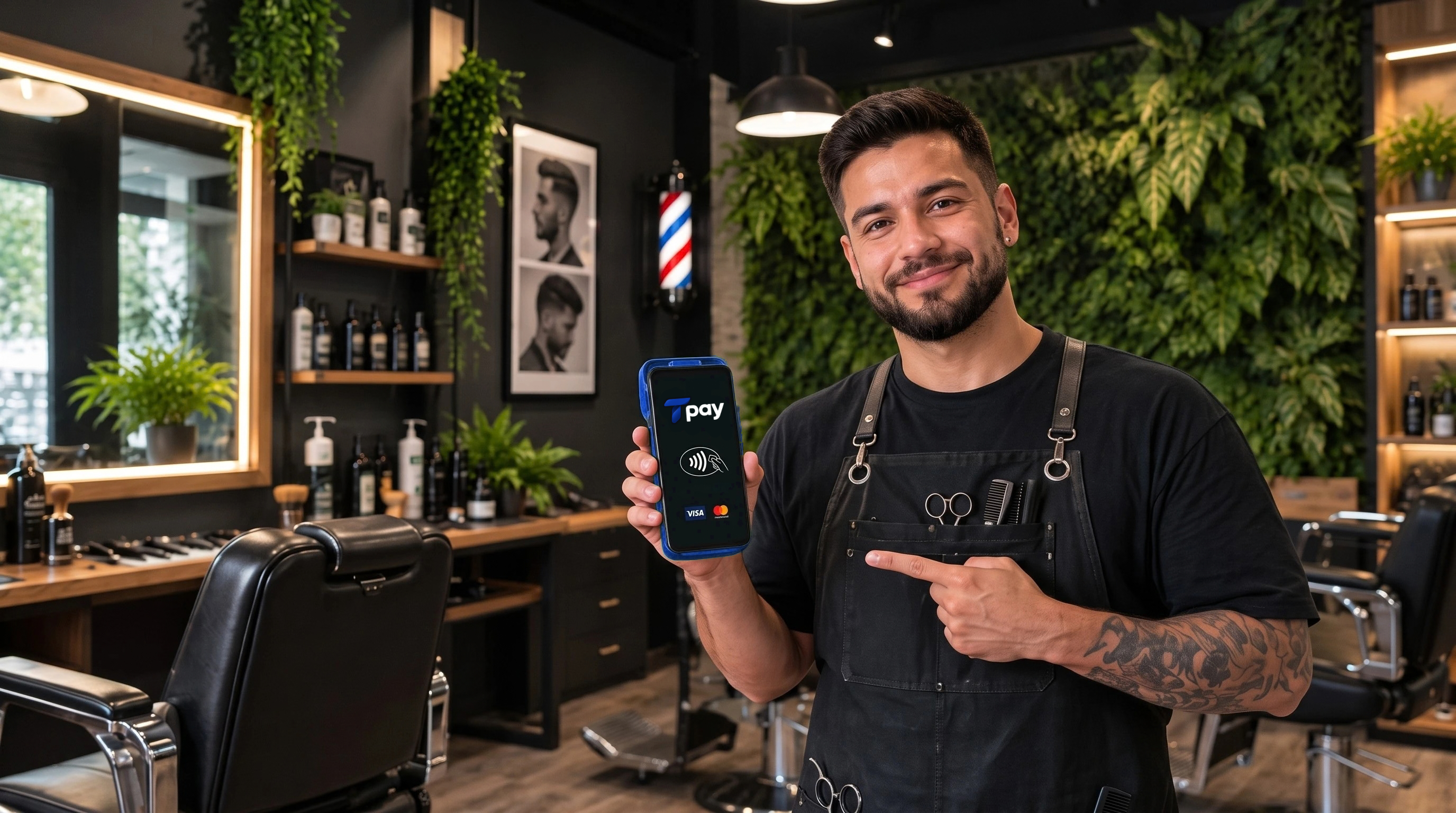 Barbero cobrando con TPay en su local