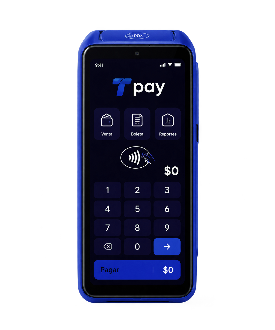 Terminal TPay de frente, listo para cobrar
